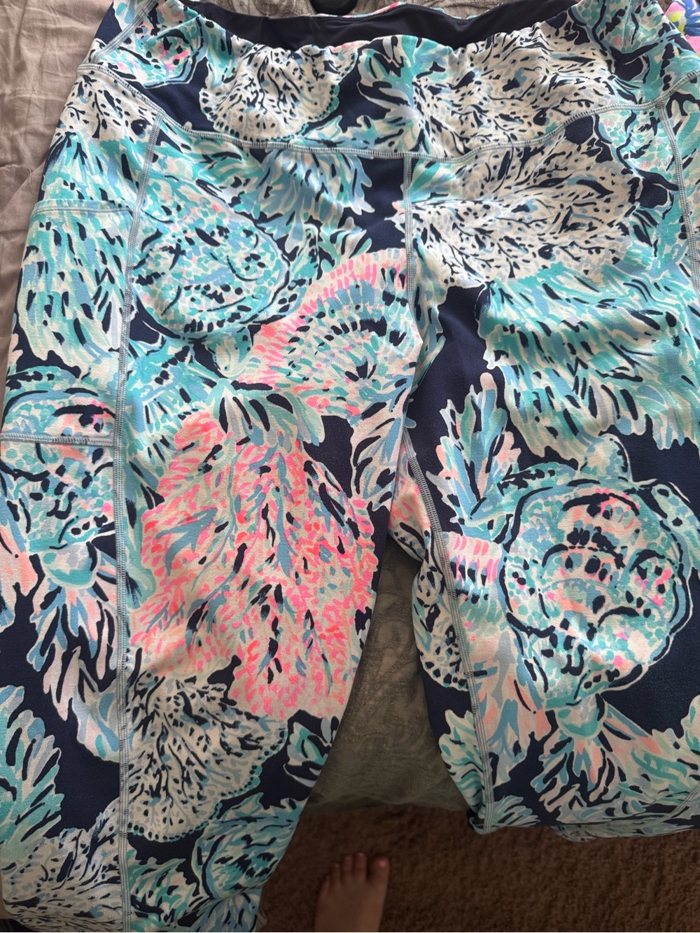 Vibrant Floral Print Leggings - Navy, Aqua & Pink